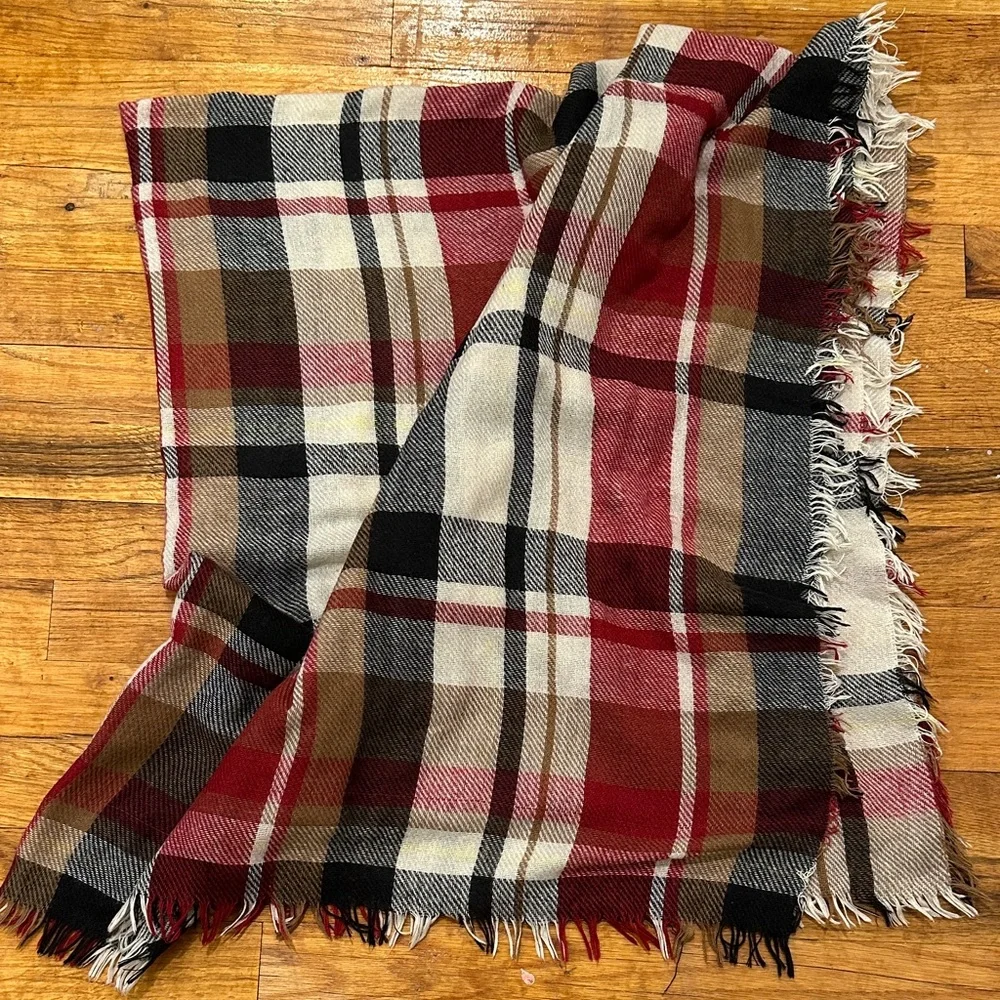 Plaid Fringe Blanket Scarf - Red, Black, and Cream